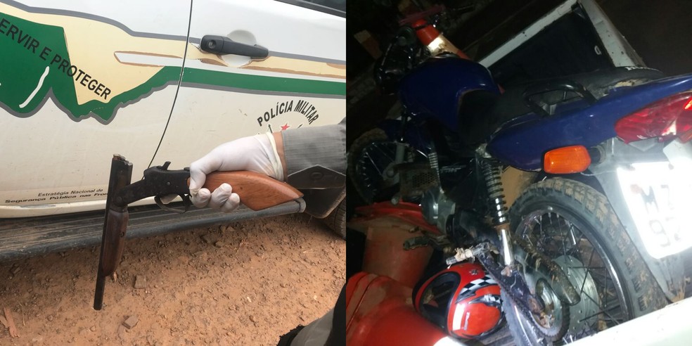 Arma e moto foram usadas pelos suspeitos durante assalto (Foto: DivulgaÃ§Ã£o/10Âº BPM-AC)