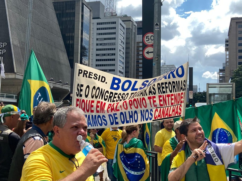 Manifestantes protestam a favor do governo na Avenida Paulista — Foto: Patrícia Figueiredo/G1