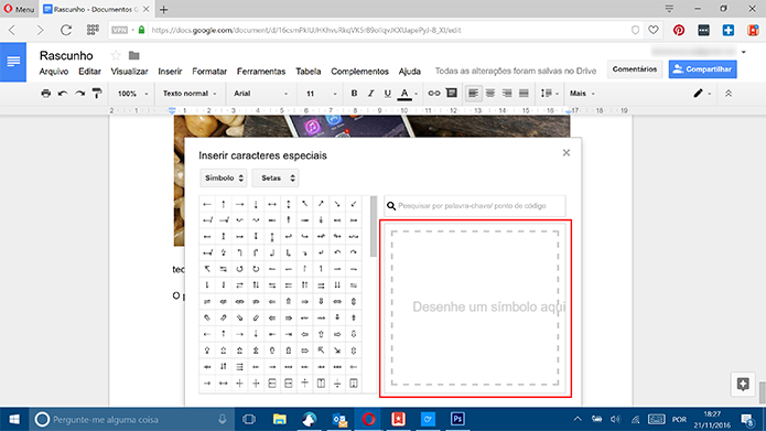 Google Docs traz quadro em branco para que usuário desenhe caracteres (Foto: Reprodução/Elson de Souza)
