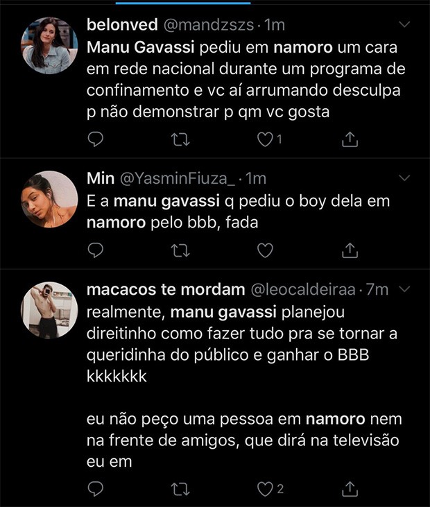 Reação dos fãs de Manu Gavassi a pedido de namoro no BBB (Foto: Reprodução/Twitter)