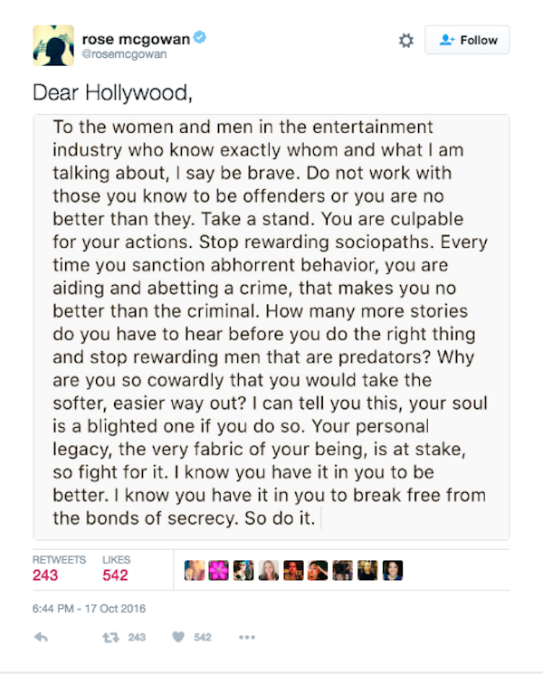 A carta divulgada pela atriz Rose McGowan (Foto: Twitter)
