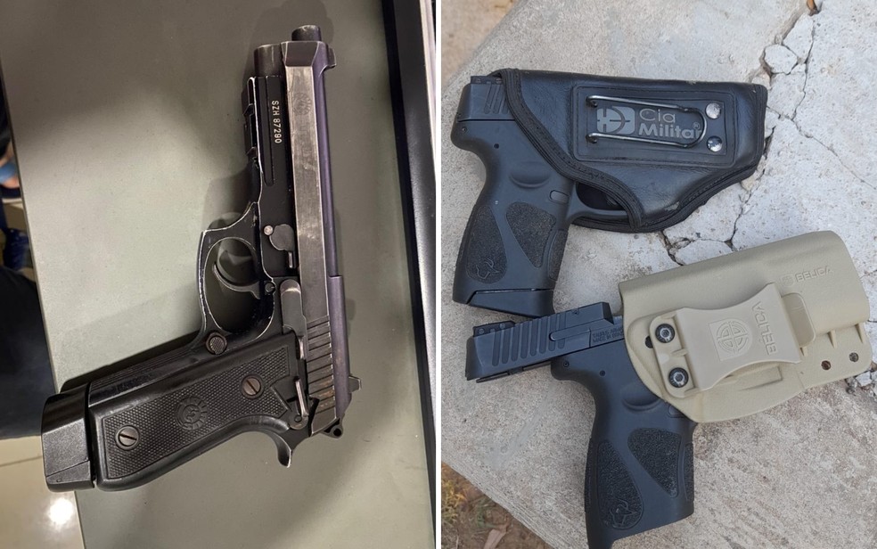 Armas de fogo que foram apreendidas com homens suspeitos de ameaçar PM, em Goiás — Foto: Divulgação/Polícia Militar