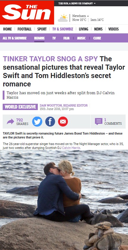 Taylor Swift beijando Tom Hiddleston (Foto: Reprodução)