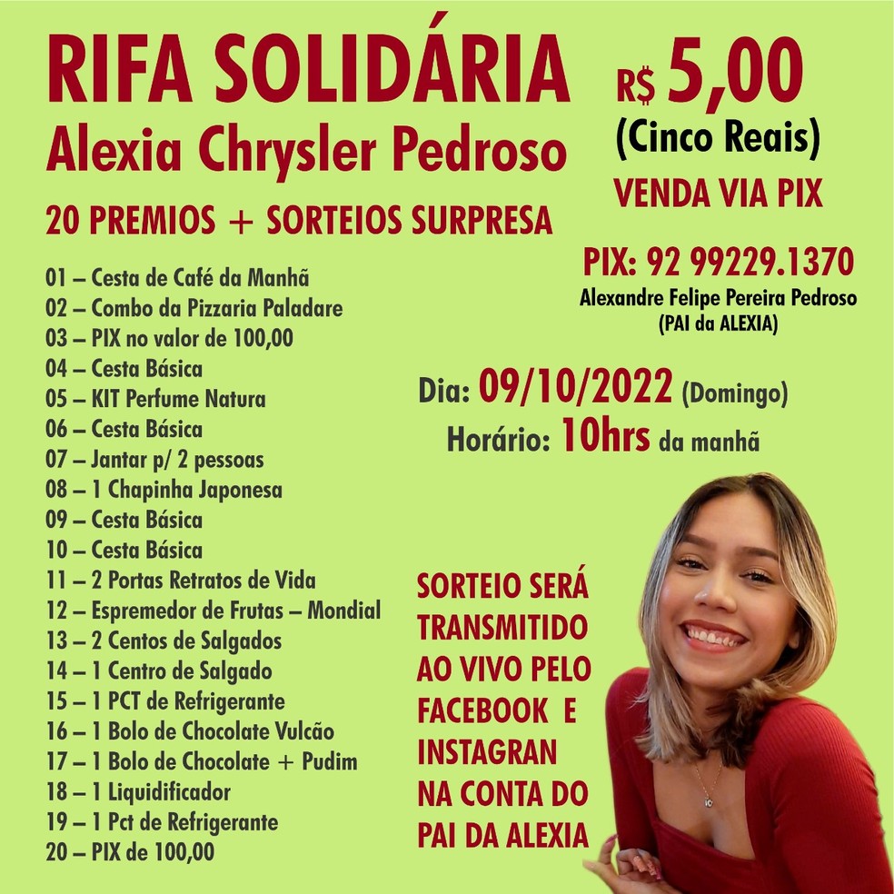 Rifa solidária de Alexia Pedroso. — Foto: Divulgação. 
