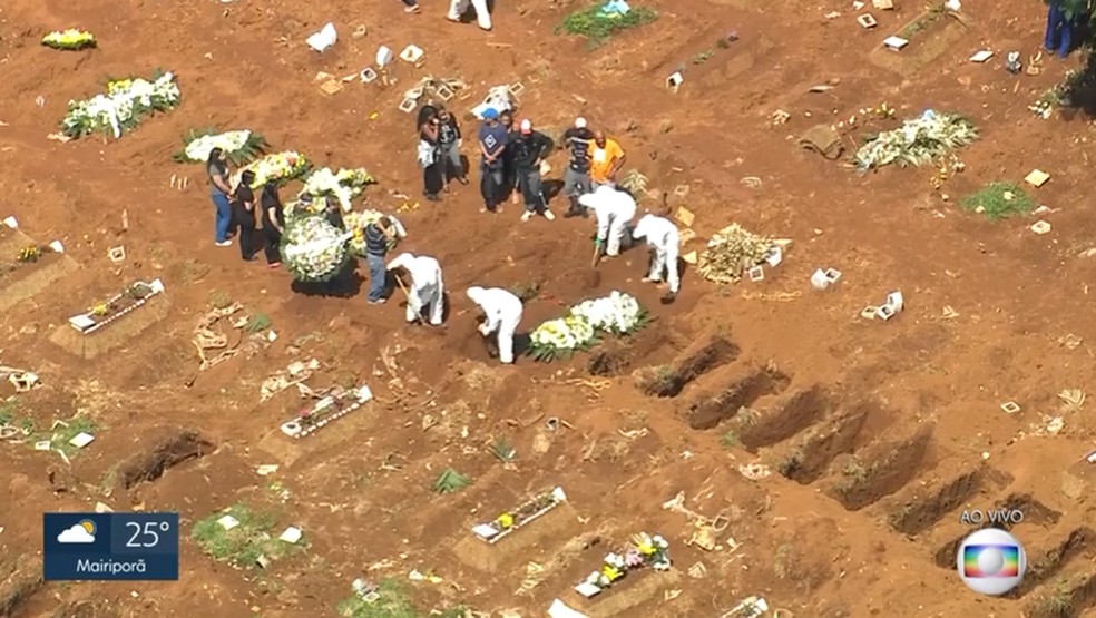 Sepultamento é feito por coveiros com roupas de proteção no cemitério da Vila Formosa, Zona Leste de SP — Foto: Reprodução/TV Globo