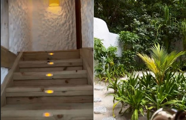 Detalhes das escadas e do jardim do resort ecológico (Foto: Reprodução)