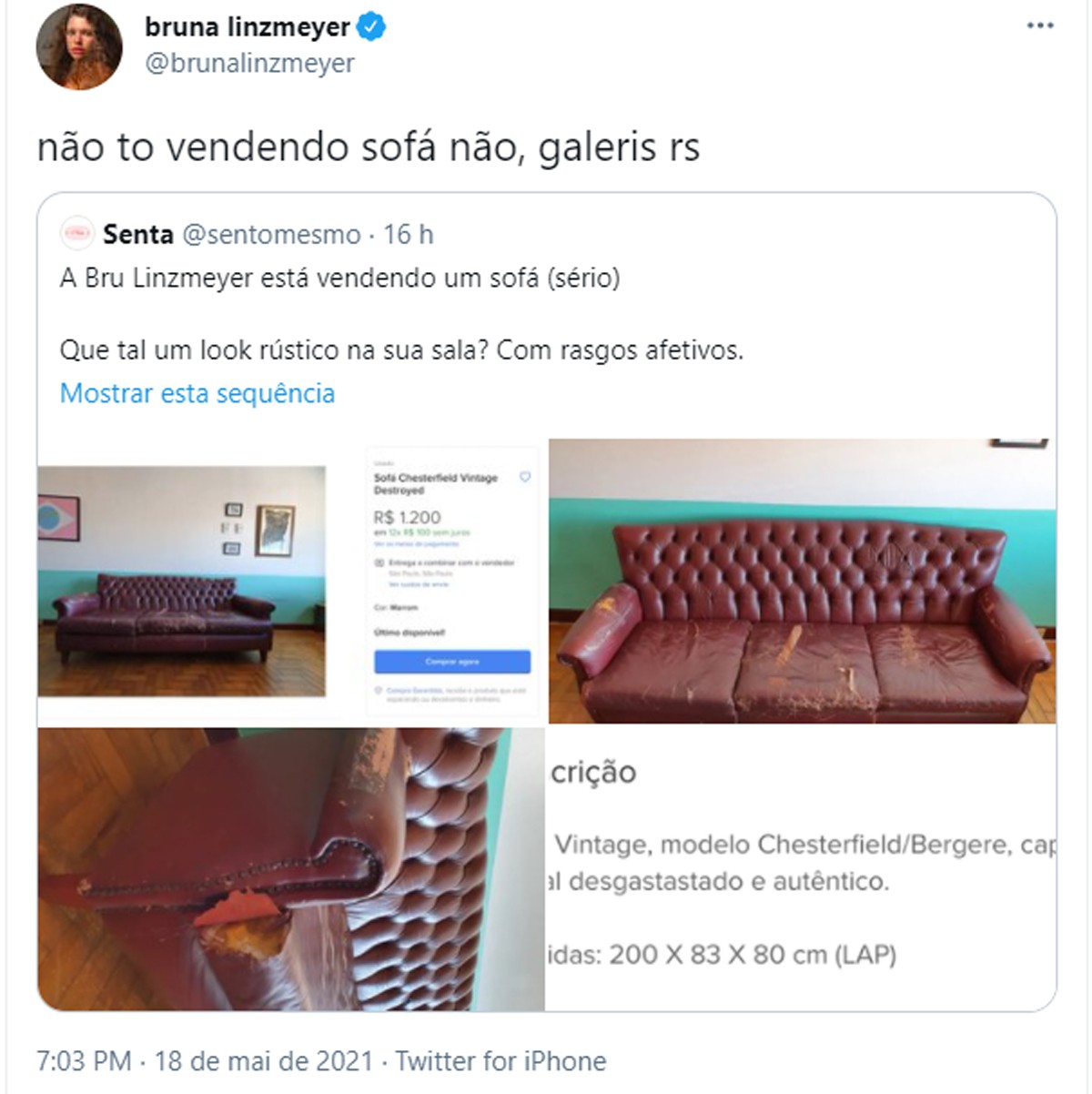 Suposto sofá à venda por Bruna Linzmeyer viraliza na web (Foto: Reprodução)