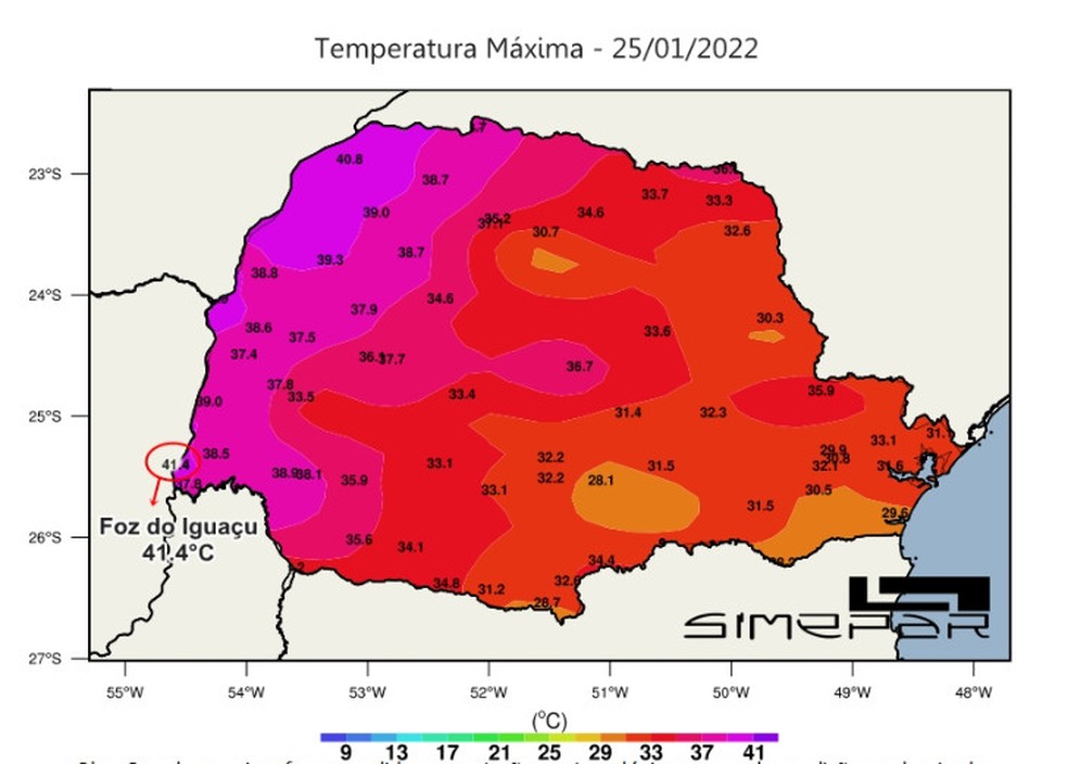 Mapa do Simepar mostra temperatura de 41,4º registrada em Foz do Iguaçu na terça-feira (25)  — Foto: Simepar