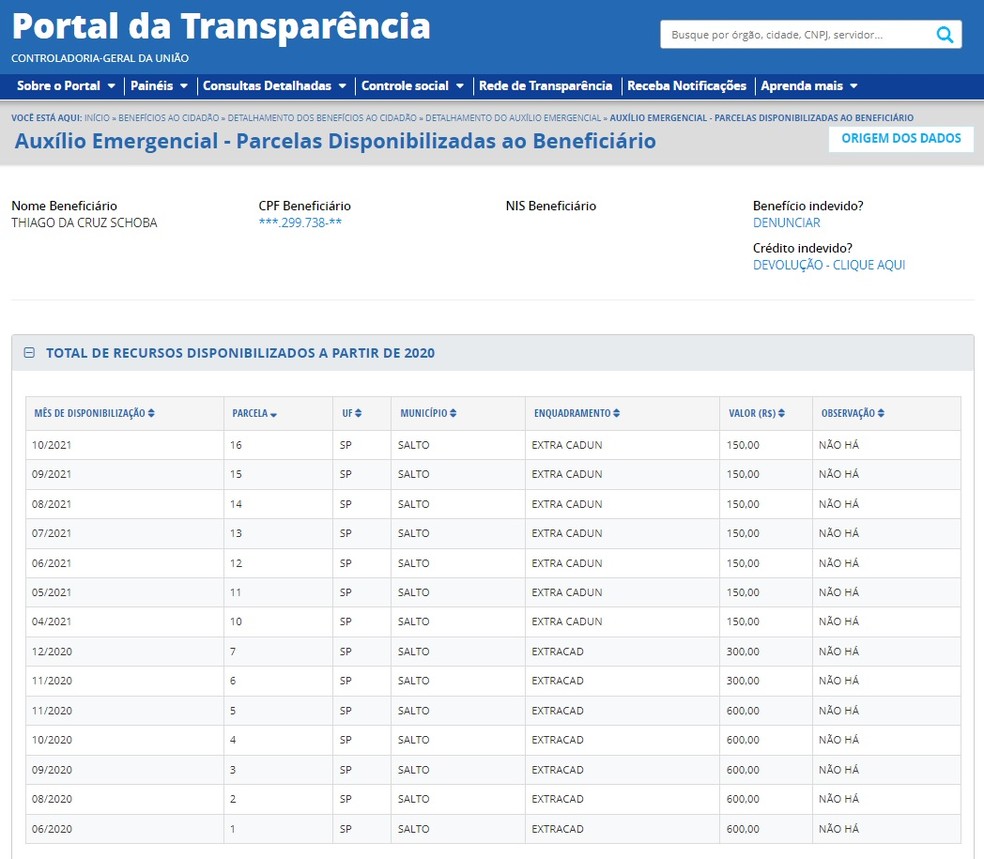Consulta no Portal da Transparência com valores repassados ao coach — Foto: Reprodução 