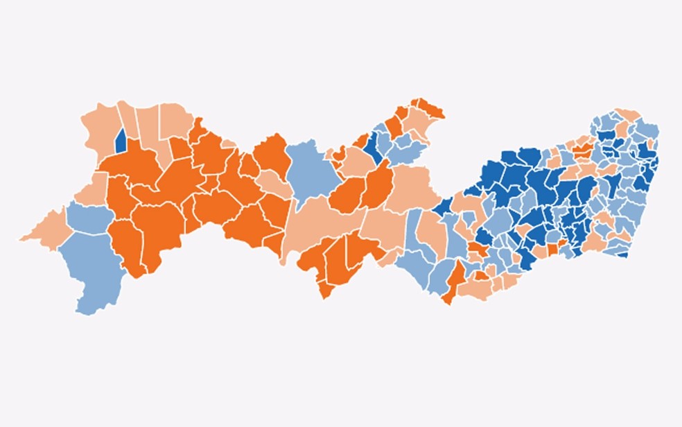 Em azul, locais no mapa de Pernambuco em que Raquel Lyra venceu Marília Arraes — Foto: Reprodução/g1