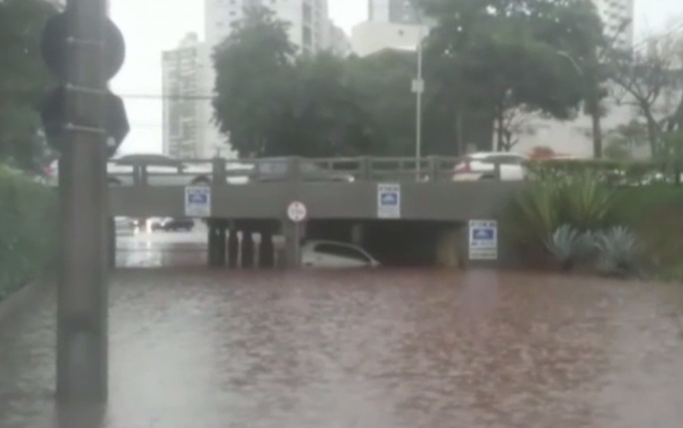 Carro é arrastado e fica preso em viaduto durante chuva (Foto: Reprodução/TV Anhanguera)