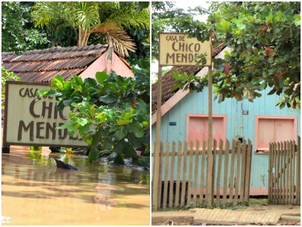 Casa de Chico Mendes quando ficou submersa pelas águas do Rio Acre em Xapuri e agora depois da cheia (Foto: Aline Nascimento/G1 e Quésia Melo/GE)