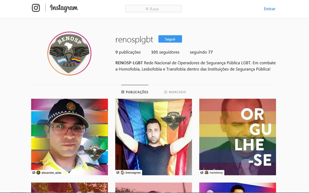 Instagram criado pela Rede Nacional de Operadores de Segurança Pública (Renosp) LGBT manifesta apoio ao soldado da PM de SP Leandro Prior, vítima de homofobia após vídeo gravado sem seu consentimento mostrar ele beijando a boca de rapaz no Metrô (Foto: Reprodução/Instagram)