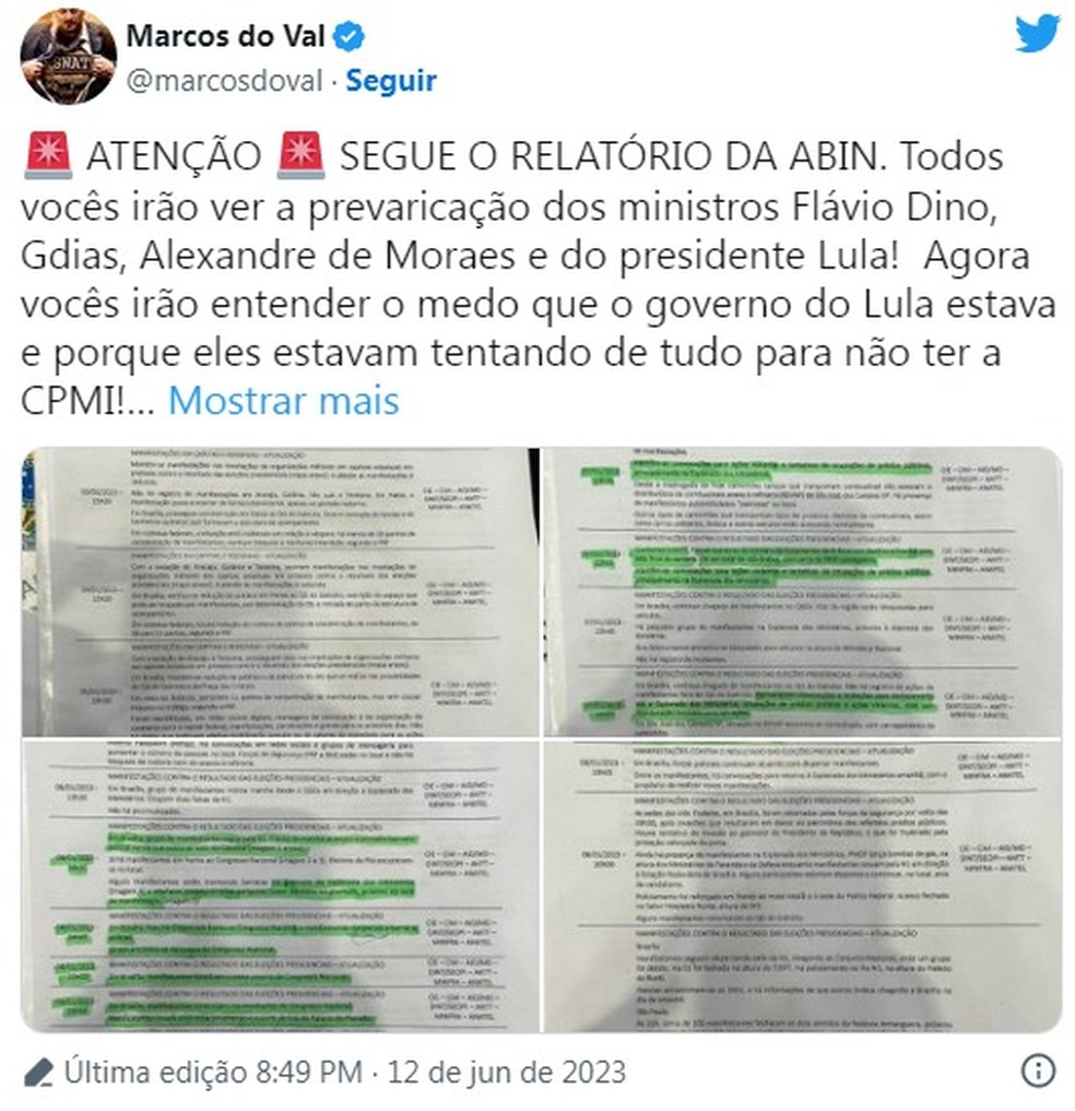 Última postagem de Marcos do Val antes da operação da PF — Foto: Reprodução