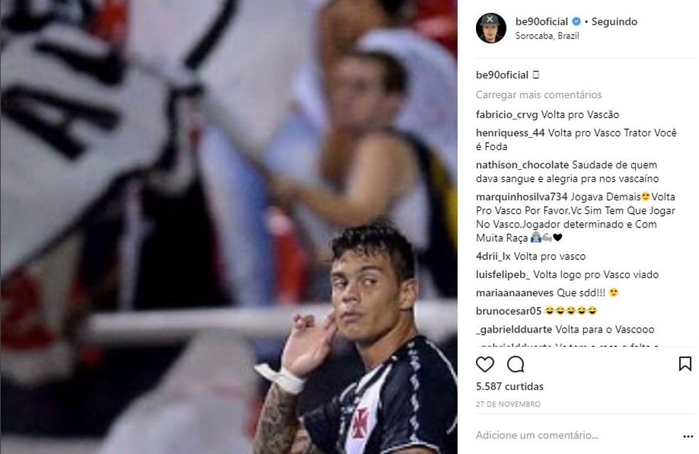 Torcedores do Vasco pedem retorno de Bernardo ao clube através de rede social  (Foto: Reprodução/ Instagram )