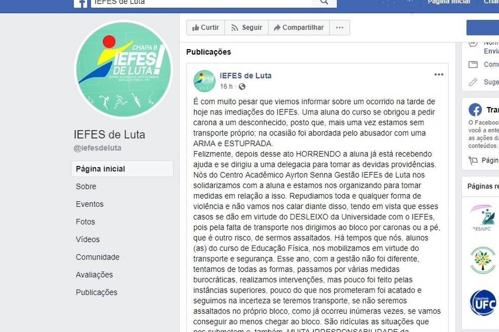 Centro acadÃªmico denunciou caso em nota em rede social â€” Foto: Facebook/ReproduÃ§Ã£o