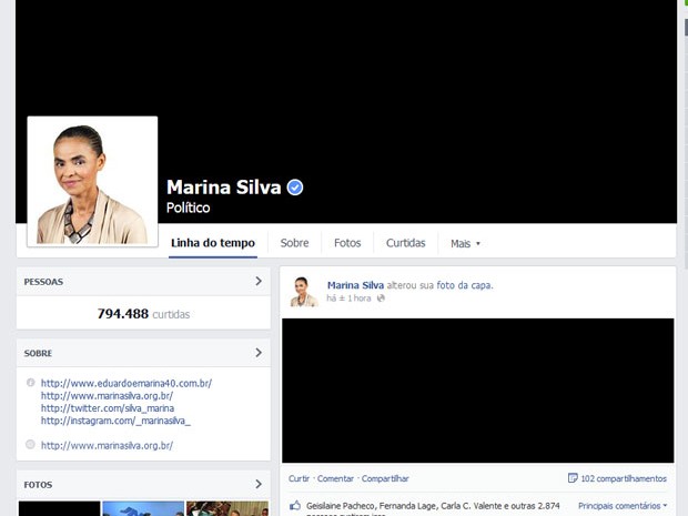 Facebook de Marina Silva também exibe imagem preta em luto pela morte de Eduardo Campos (Foto: Reprodução/Facebook)