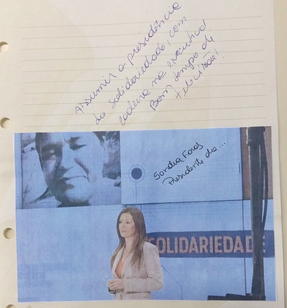 Anotação de Sandra Faraj sobre desejo por presidência do partido Solidariedade (Foto: TV Globo/Reprodução)