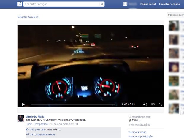 Vídeo postado publicamente nas redes sociais mostra Camaro preto em teste em 2014; mesmo veículo ficou destruído na terça-feira (12) em acidente na Marginal Pinheiros (Foto: Reprodução / Facebook)