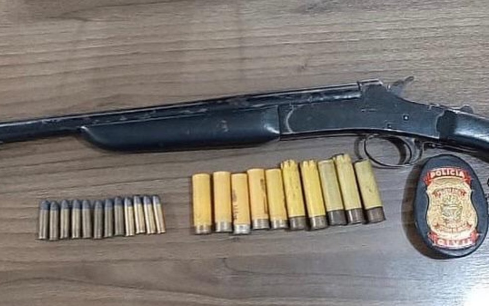 Arma e munições apreendidas em casa de idoso suspeito de ameaçar a esposa em Jataí Goiás — Foto: Divulgação/Polícia Civil