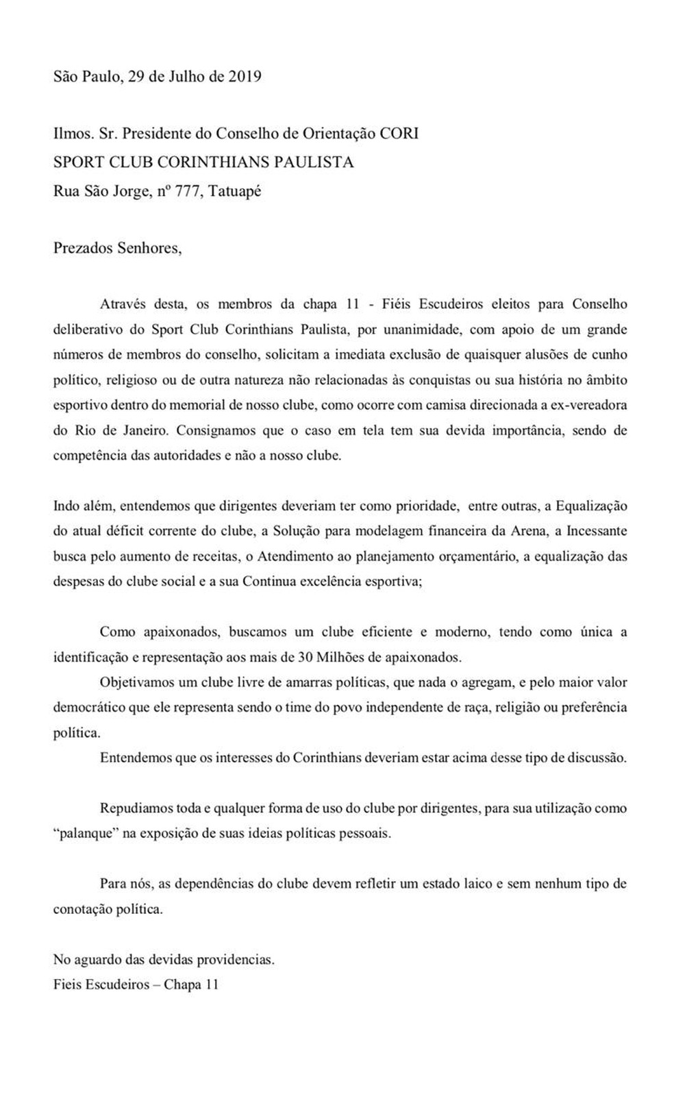 Carta dos Fiéis Escudeiros pedindo a retirada da camisa alusiva a Marielle Franco — Foto: Reprodução