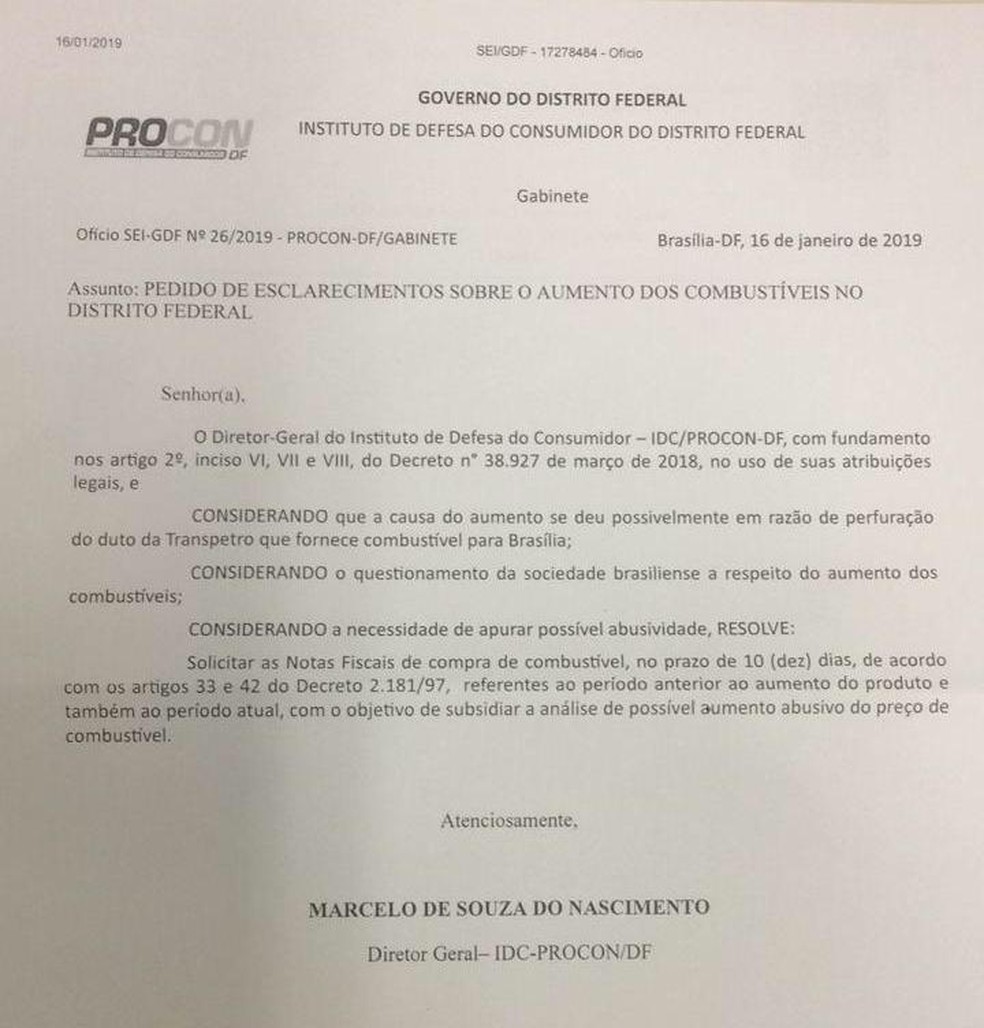 Notificação do Proncon a postos de gasolina no DF — Foto: Reprodução