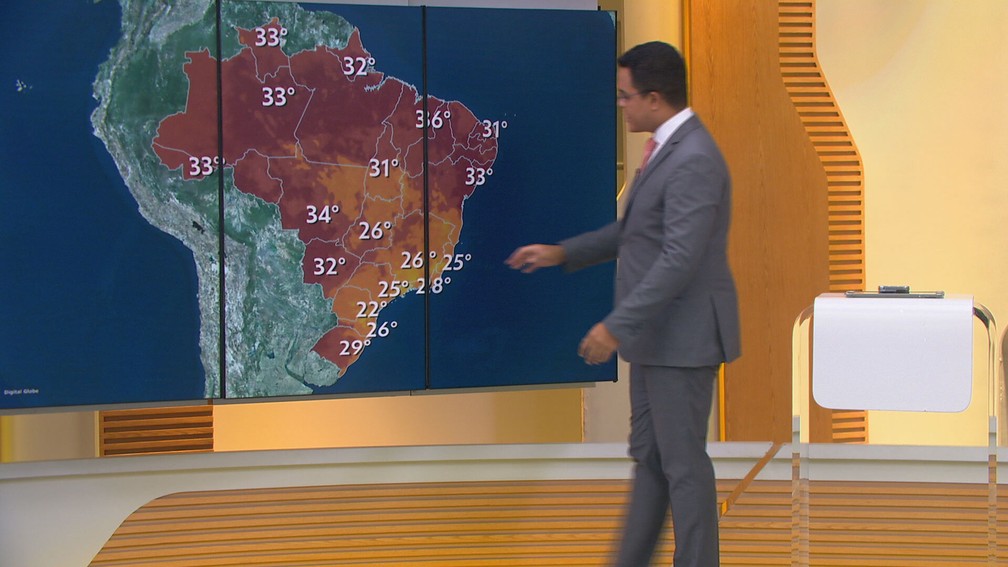 Clima será bastante quente na área em vermelho, e em laranja, chuvas deverão tornar temperaturas mais amenas — Foto: Reprodução/Hora 1