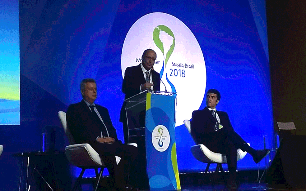 Governador Geraldo Alckmin falou durante debate sobre crise hídrica, no 8º Fórum Mundial da Água, em Brasília (Foto: Marília Marques/G1)