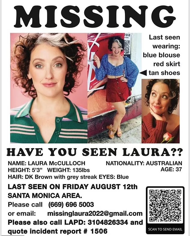 Família e amigos de Laura McCulloch divulgaram cartazes nas redes sociais para pedir ajuda nas buscas pela atriz (Foto: reprodução)