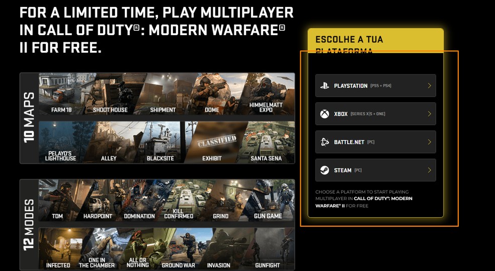 Selecione sua plataforma de escolha para Call of Duty: Modern Warfare 2 — Foto: Reprodução/Felipe Vinha