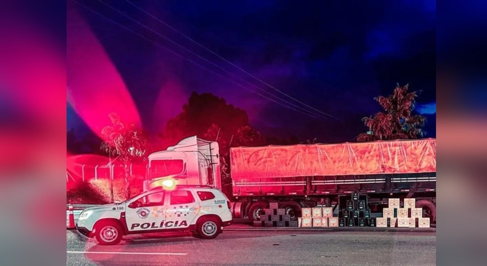 O motorista transportava linhaça para São Paulo quando foi flagrado com vinhos em Sarapuí (SP). — Foto: Polícia Rodoviária/ Divulgação