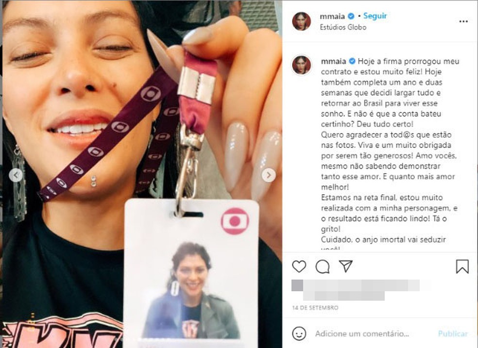 Recentemente, atriz publicou nas redes sociais a renovação do contrato com a Globo — Foto: Reprodução/Redes Sociais