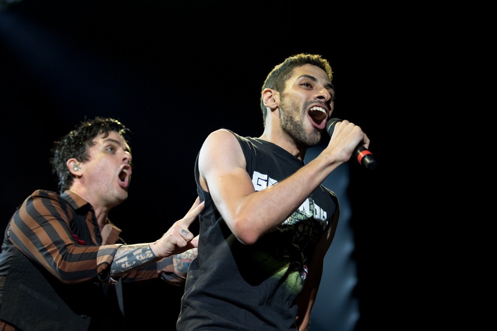 Fã canta com Green Day, durante show na Arena Anhembi, em São Paulo, na noite desta sexta-feira (3) (Foto: Marcelo Brandt/G1)