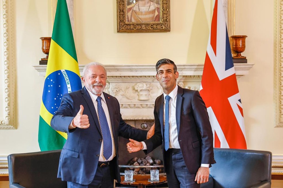 Lula e o primeiro-ministro britânico, Rishi Sunak, durante reunião em Londres nesta sexta-feira (5) — Foto: Ricardo Stuckert/Presidência da República