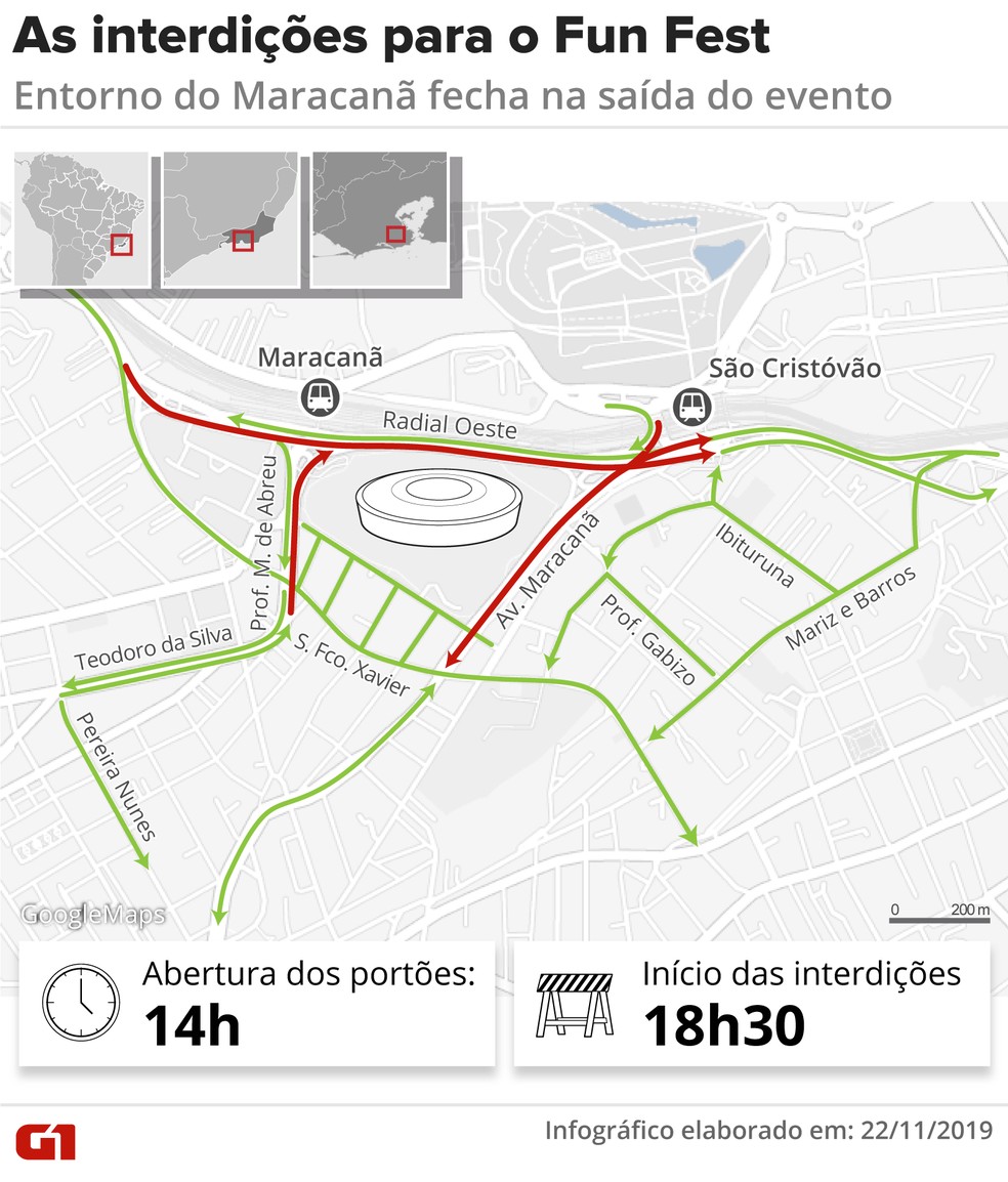 Mapa indica as interdições para o Fun Fest do Flamengo — Foto: Infografia: Rodrigo Sanches/G1