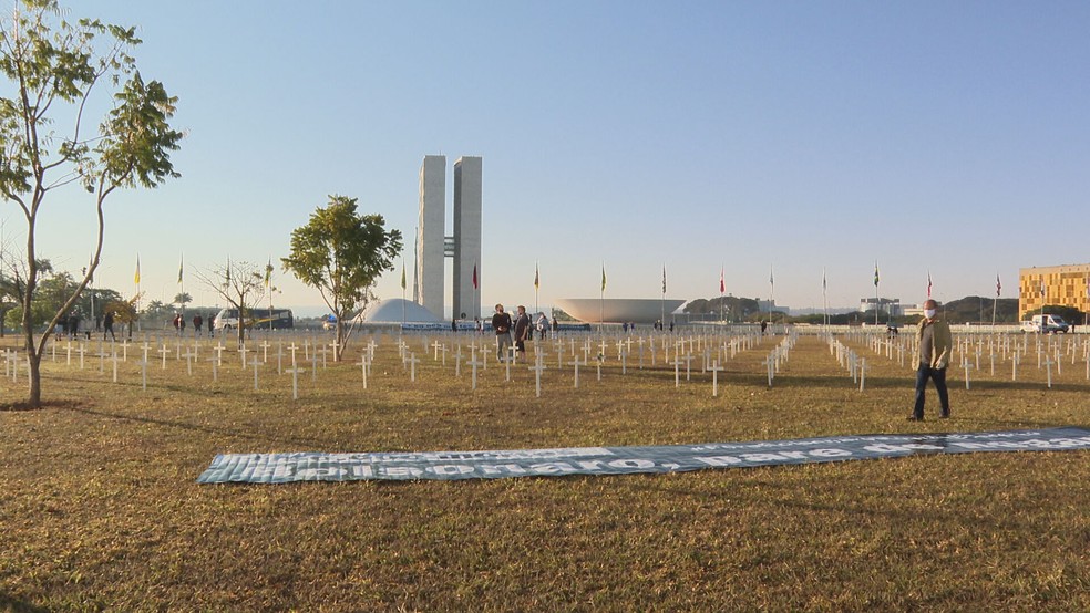 Cruzes são instaladas na Esplanada dos Ministérios em memória às vítimas da Covid-19 — Foto: TV Globo/Reprodução
