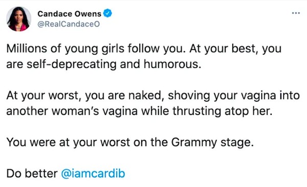 O tuíte de Candace Owens com as críticas à apresentação de Cardi B no Grammy (Foto: Twitter)