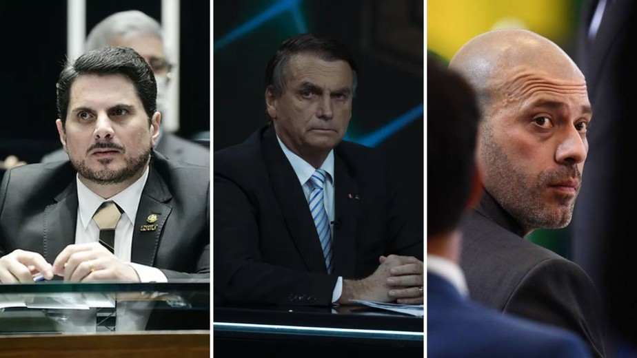 O senador Marcos do Val, o ex-presidente Jair Bolsonaro e o ex-deputado federal Daniel Silveira