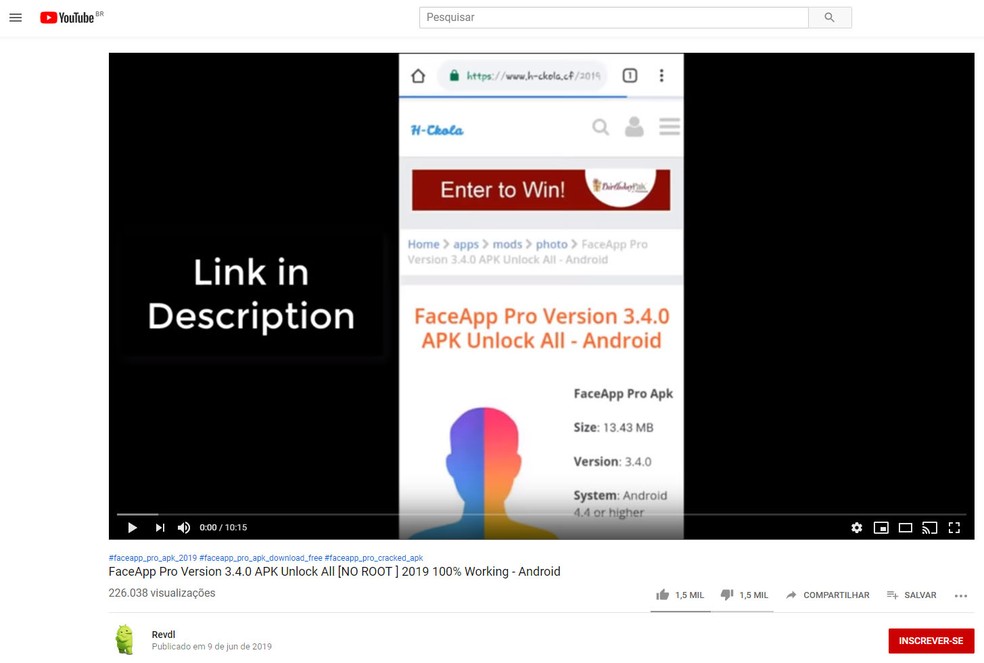 Vídeo no YouTube promove suposto método para burlar pagamento de recursos extras do FaceApp — Foto: Reprodução