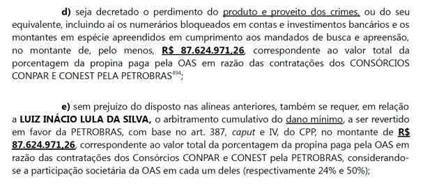 Trecho da denúncia contra Lula e mais 7 pessoas pede a devolução de milhões de reais à Petrobras (Foto: Reprodução)