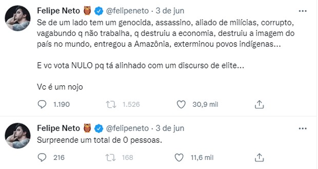 Felipe Neto critica Tiago Leifert após fala sobre preferir levar um tiro do que votar em Lula ou Bolsonaro (Foto: Reprodução/Twitter)