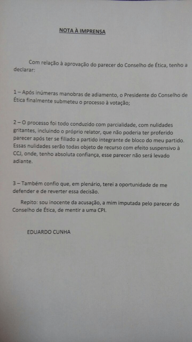 Nota divulgada pelo presidente afastado da Câmara, Eduardo Cunha, nesta terça (14) (Foto: Reprodução)