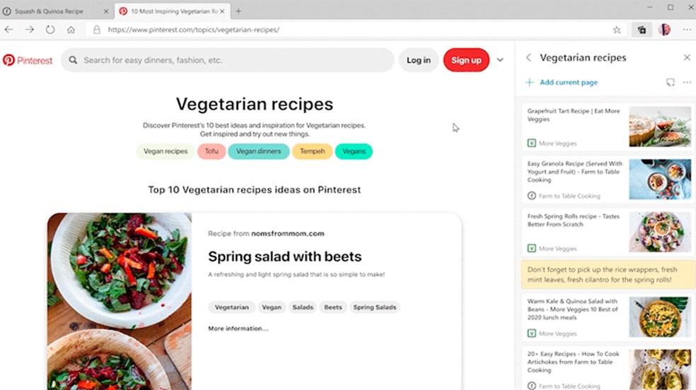 Integração com Pinterest permite salvar diversas páginas de ideias agrupadas — Foto: Reprodução/Microsoft