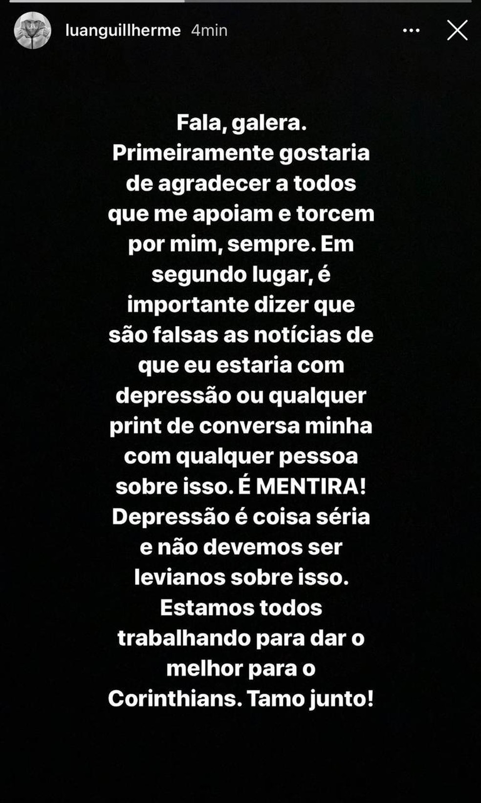 Luan, do Corinthians, se manifesta em suas redes sociais — Foto: Reprodução
