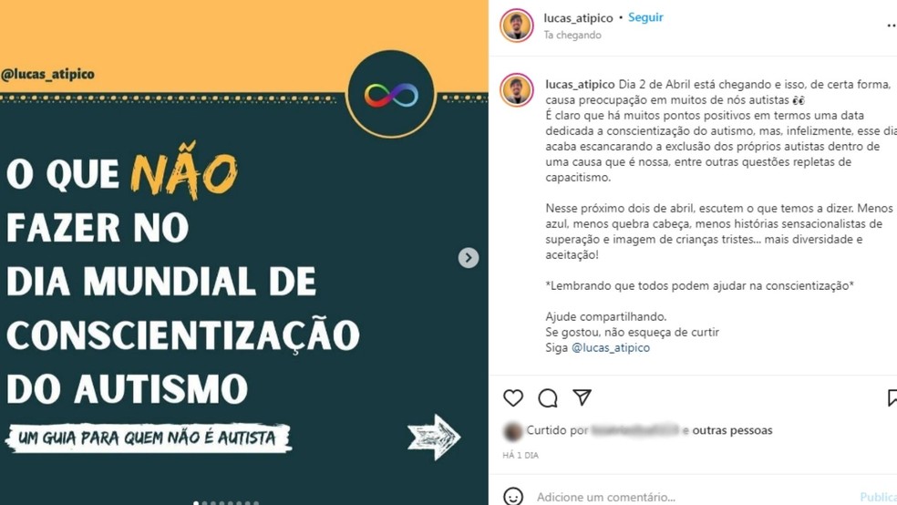 Conta intitulada “Lucas Atípico” também é espaço para que Lucas Pontes de Andrade deposite conteúdos sobre o TEA — Foto: Instagram /Reprodução