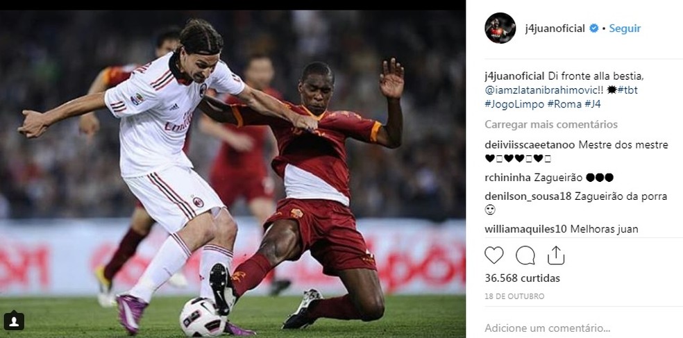 Juan tenta o carrinho contra Ibrahimovic: nos tempos de Roma, grandes embates com o sueco e o amigo Adriano — Foto: Reprodução Instagram oficial Juan