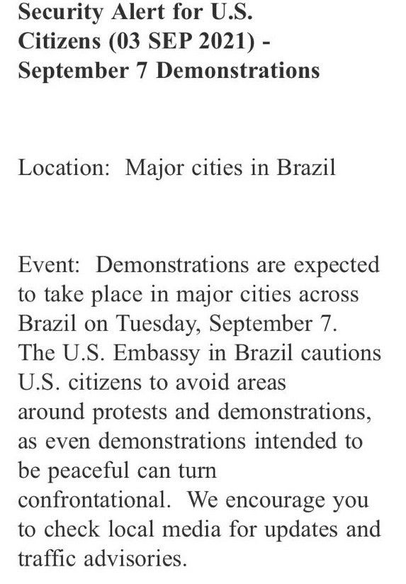 Embaixada dos EUA alerta para manifestações pró-Bolsonaro: foto de trecho de mensagem