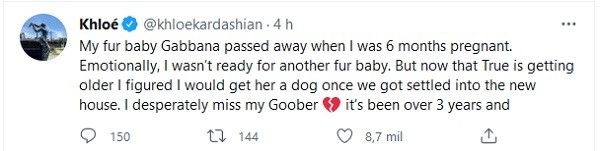 Um dos tuítes de Khloé Kardashian relatando seu conflito com a filha sobre a adoção de um pet (Foto: Twitter)