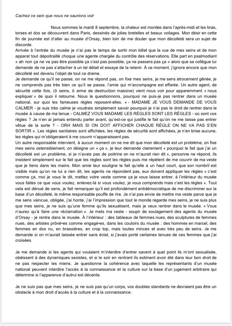 Carta aberta de Jeanne, em francês, falando sobre o que sentiu na porta do Museu d'Orsay (Foto: Reprodução/Twitter)