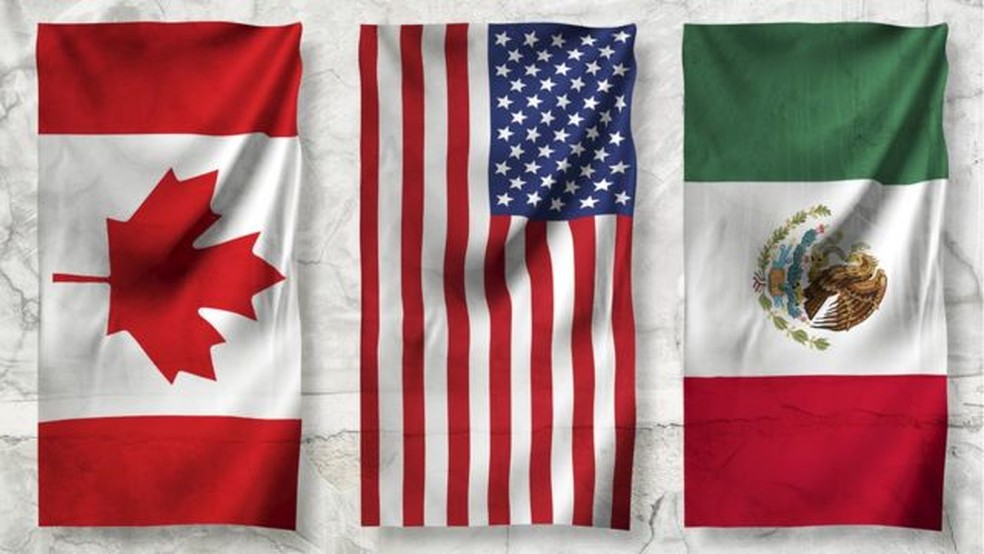 Canadá, EUA e México compartilham o T-MEC, um acordo de livre comércio que em julho de 2020 substituiu o Nafta — Foto: GETTY IMAGES/via BBC